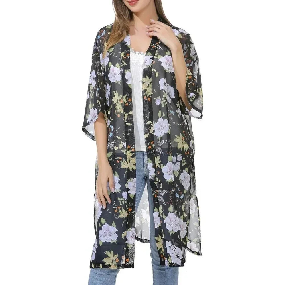 Women’s Chiffon Kimono Bathing Suit Cover  Up Open Front Duster Kimono Dress